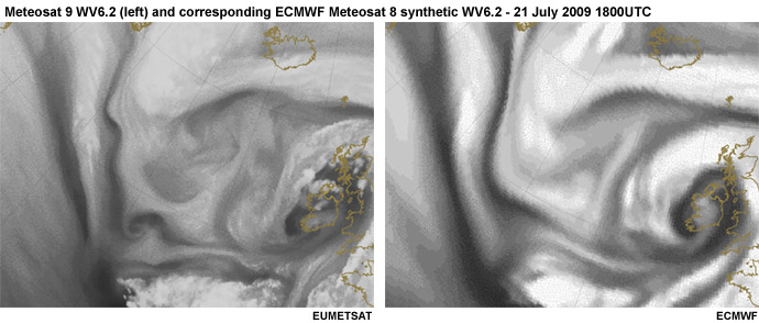 Meteosat 9 WV image compared to ECMWF synthetic water vapor